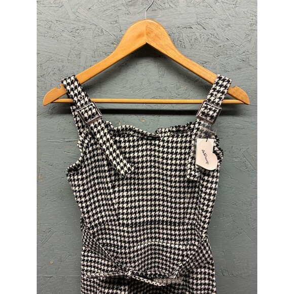 Ank Rouge‎ Women’s Houndstooth Ruffle Mini Dress Size M Black White Bow Belted - Picture 2 of 10